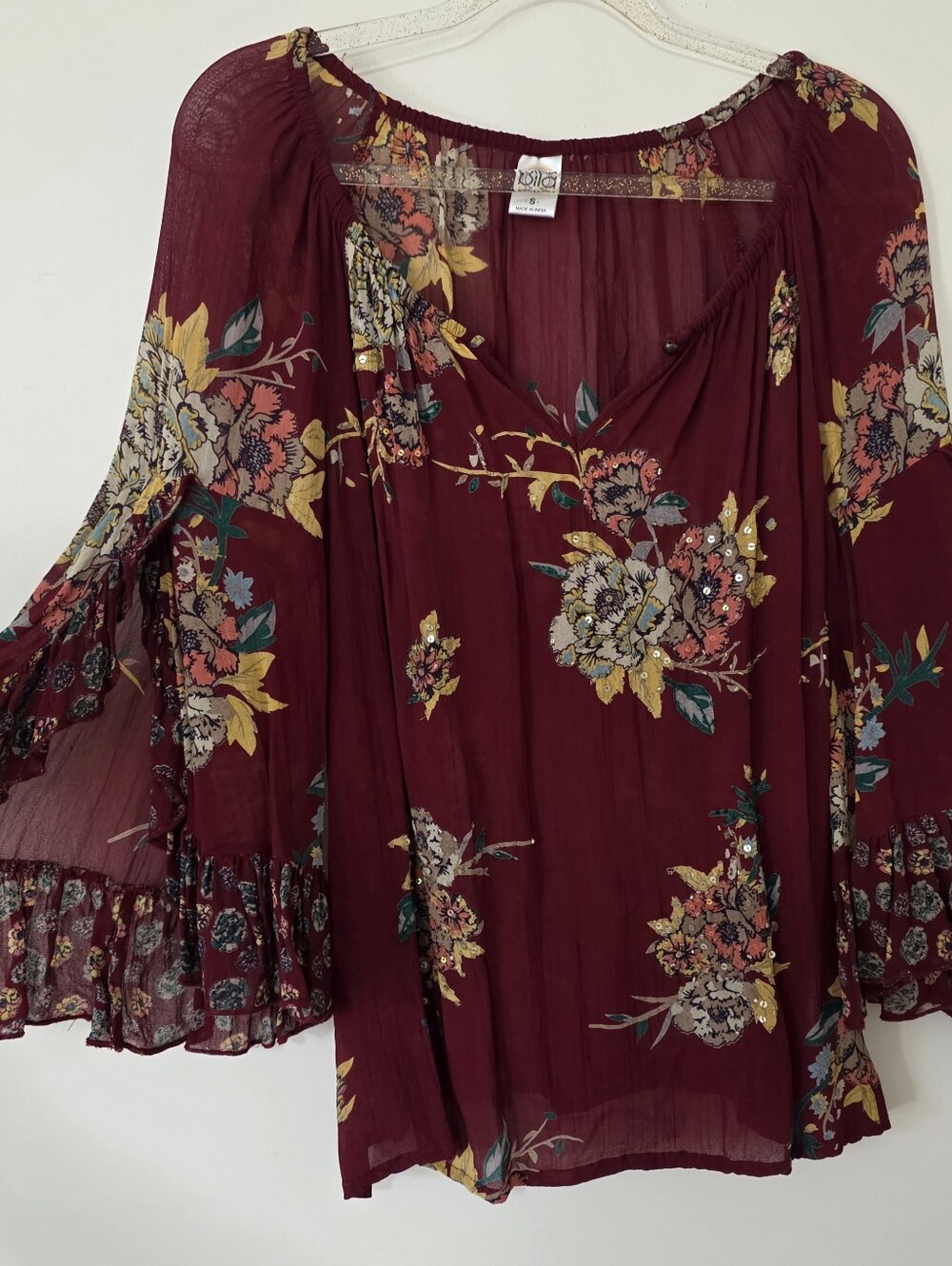 Bila Moody Jewel Tone Autumnal Floral Blouse Woodstock Boho Hippie 70s Small